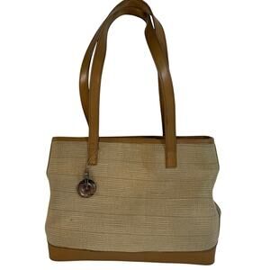 Stone Mountain Medium Sized Shoulder Bag Tan Camel Faux Leather Trim & Straps